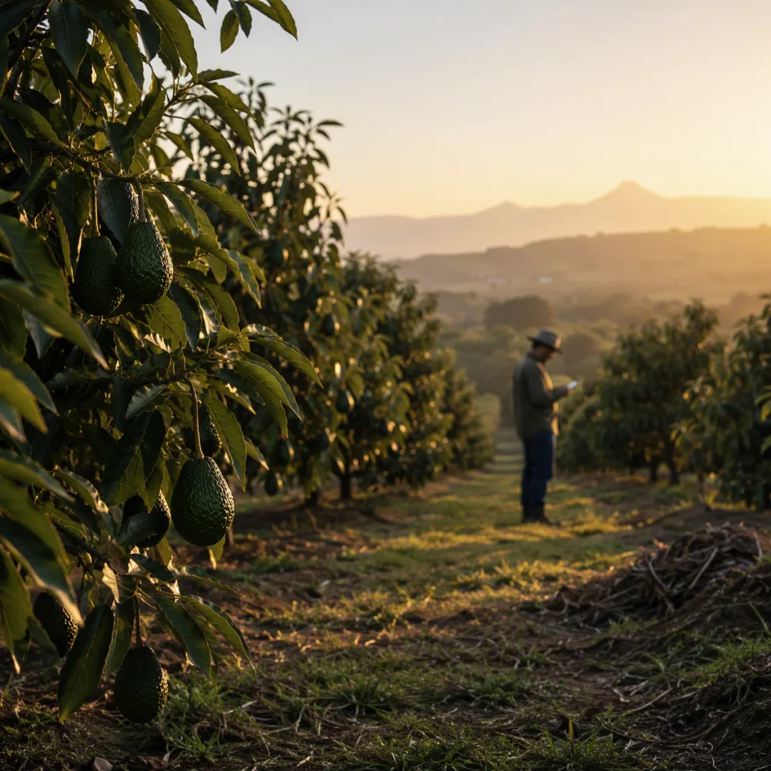 Huerto de aguacate Hass y campo de arándanos de exportación al atardecer