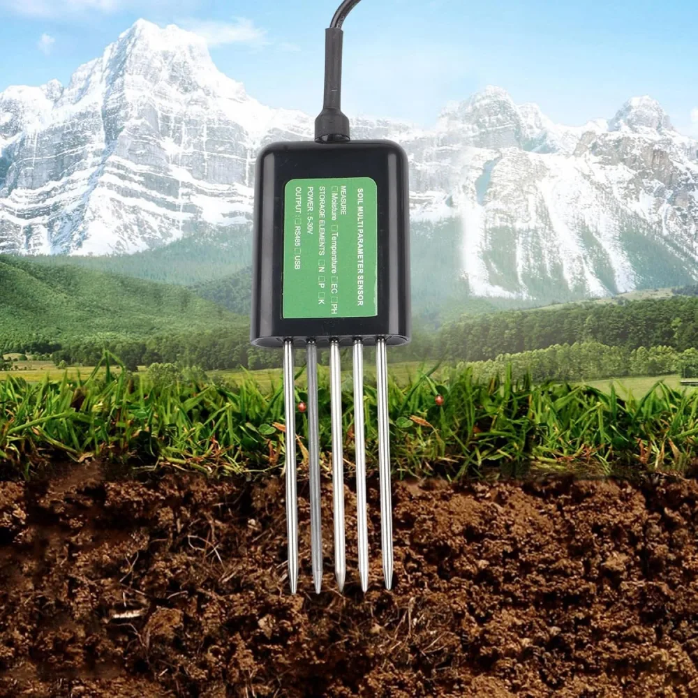 La sonda clavada en la tierra de un cultivo durante una medición